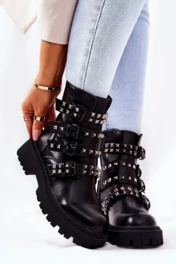 Damskie Boto Botki Workery Z Paskami Ćwieki Czarne Brenna