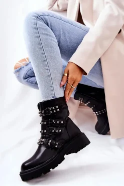 Damskie Boto Botki Workery Z Paskami Ćwieki Czarne Brenna