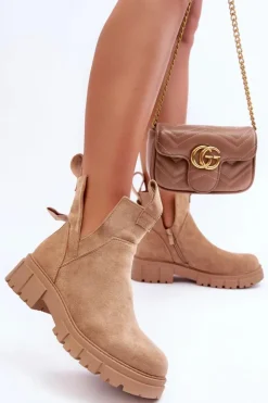 Damskie Boto Botki Workery Z Wycięciem Beżowe Heaven