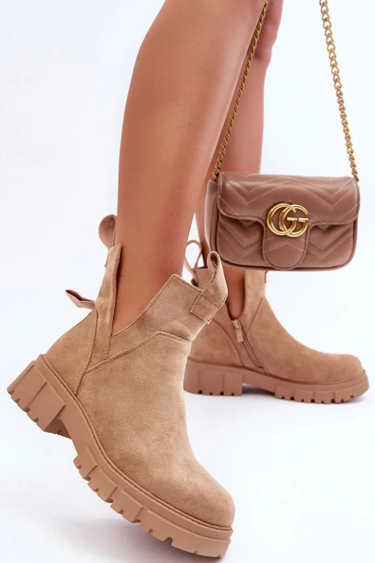 Damskie Boto Botki Workery Z Wycięciem Beżowe Heaven