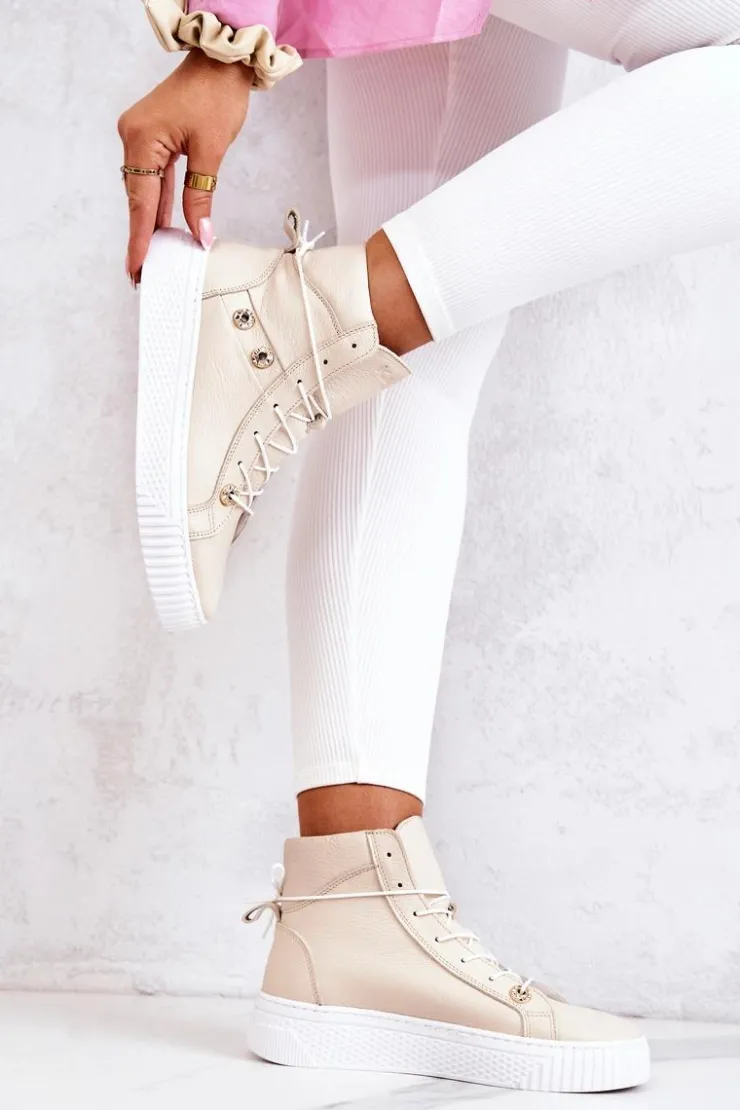 Boto Trampki Damskie Wysokie|Botki Wiosenne*Botki Wysokie Trampki Skórzane Beżowo-Białe Ashlee