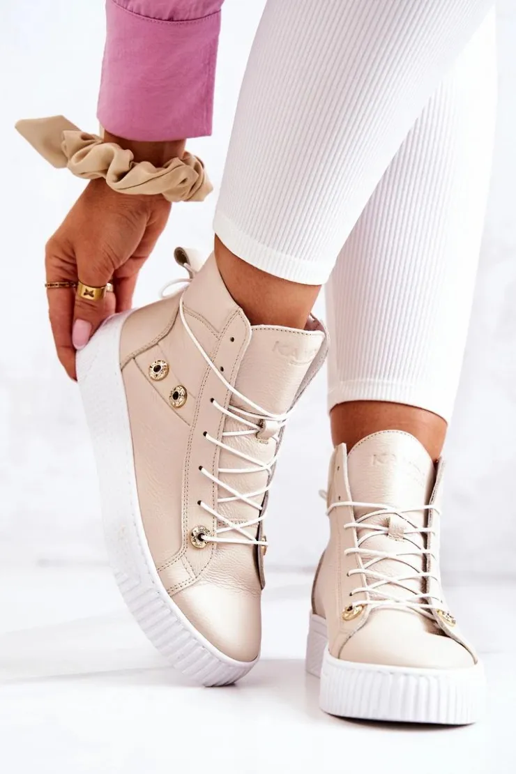 Boto Trampki Damskie Wysokie|Botki Wiosenne*Botki Wysokie Trampki Skórzane Beżowo-Białe Ashlee