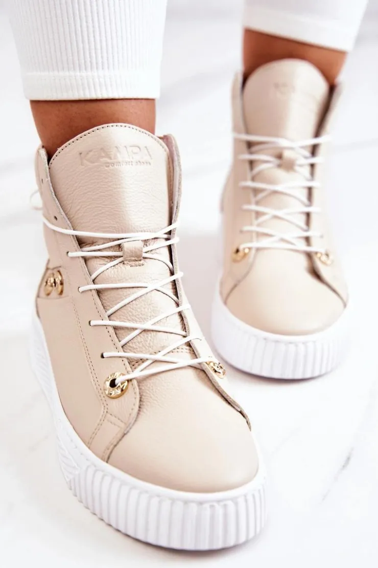 Boto Trampki Damskie Wysokie|Botki Wiosenne*Botki Wysokie Trampki Skórzane Beżowo-Białe Ashlee