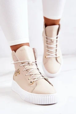 Boto Trampki Damskie Wysokie|Botki Wiosenne*Botki Wysokie Trampki Skórzane Beżowo-Białe Ashlee