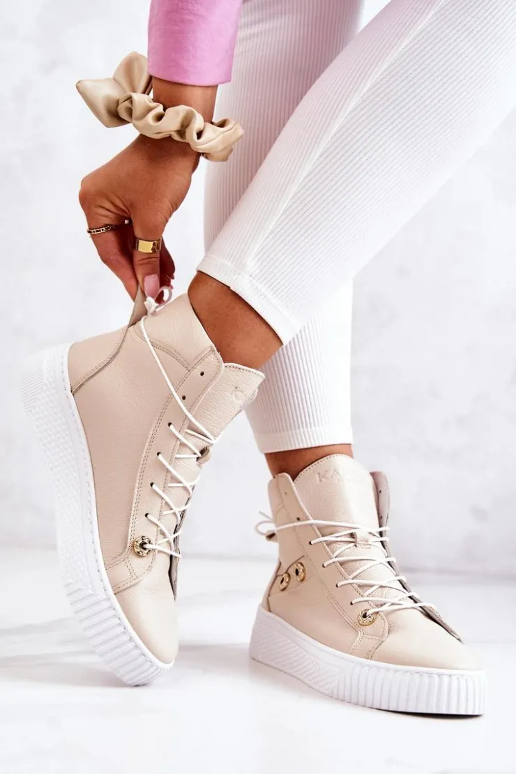 Boto Trampki Damskie Wysokie|Botki Wiosenne*Botki Wysokie Trampki Skórzane Beżowo-Białe Ashlee