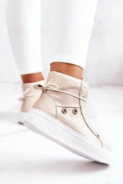 Boto Trampki Damskie Wysokie|Botki Wiosenne*Botki Wysokie Trampki Skórzane Beżowo-Białe Ashlee