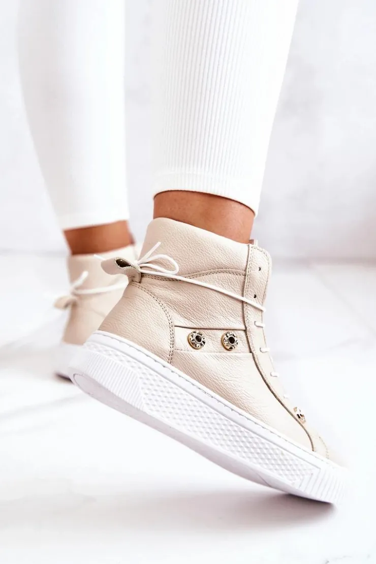 Boto Trampki Damskie Wysokie|Botki Wiosenne*Botki Wysokie Trampki Skórzane Beżowo-Białe Ashlee