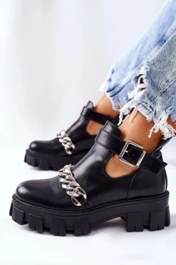 Boto Czarne Botki*Botki Z Łańcuszkiem Czarne Torment