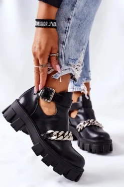 Boto Czarne Botki*Botki Z Łańcuszkiem Czarne Torment