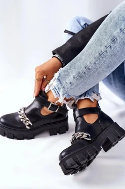 Boto Czarne Botki*Botki Z Łańcuszkiem Czarne Torment