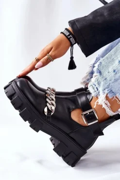 Boto Czarne Botki*Botki Z Łańcuszkiem Czarne Torment