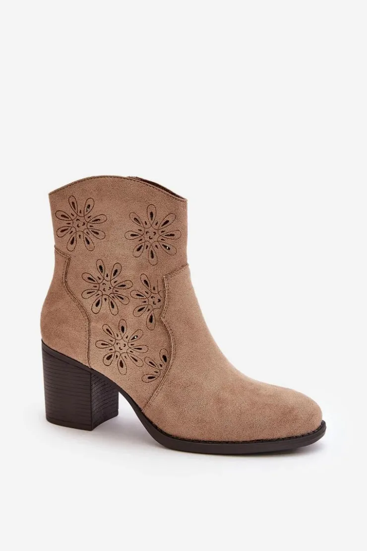 Outlet Boto Botki Z Ażurową Cholewką Na Słupku Eko Zamszowe Beżowe Nevishiia