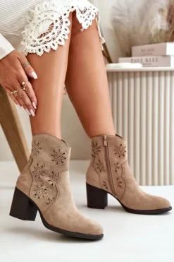 Outlet Boto Botki Z Ażurową Cholewką Na Słupku Eko Zamszowe Beżowe Nevishiia