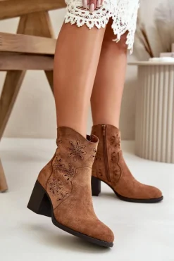 Discount Boto Botki Z Ażurową Cholewką Na Słupku Eko Zamszowe Brązowe Nevishiia Brązowy