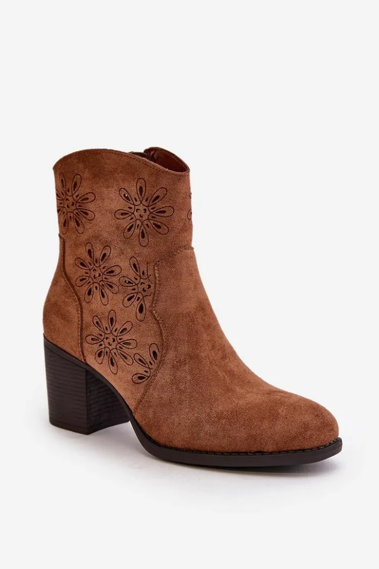 Discount Boto Botki Z Ażurową Cholewką Na Słupku Eko Zamszowe Brązowe Nevishiia Brązowy