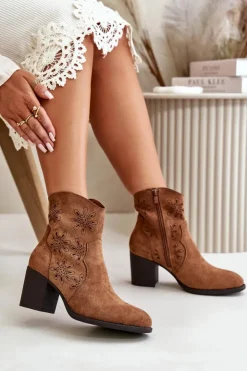 Discount Boto Botki Z Ażurową Cholewką Na Słupku Eko Zamszowe Brązowe Nevishiia Brązowy