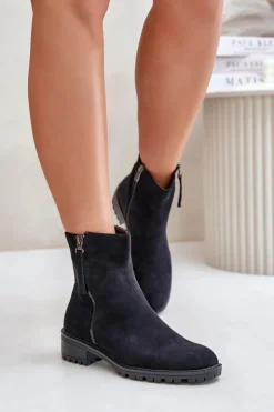 Boto Botki Ocieplane|Czarne Botki*Botki Z Eko Zamszu Na Płaskim Obcasie Czarne Innabelle