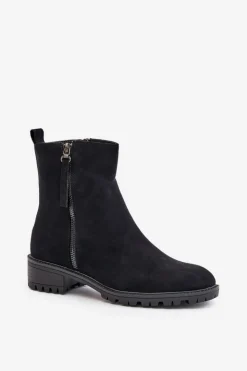 Boto Botki Ocieplane|Czarne Botki*Botki Z Eko Zamszu Na Płaskim Obcasie Czarne Innabelle