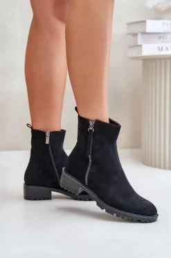 Boto Botki Ocieplane|Czarne Botki*Botki Z Eko Zamszu Na Płaskim Obcasie Czarne Innabelle