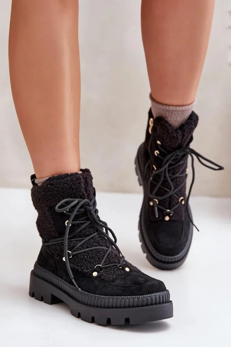 Damskie Boto Botki Z Futerkiem Typu Baranek Czarne Merilana