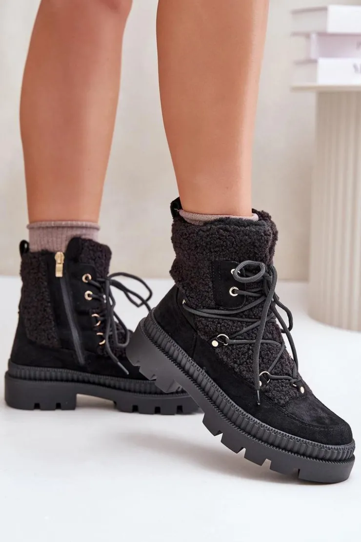 Damskie Boto Botki Z Futerkiem Typu Baranek Czarne Merilana