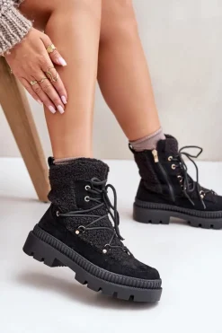Damskie Boto Botki Z Futerkiem Typu Baranek Czarne Merilana