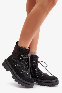 Damskie Boto Botki Z Futerkiem Typu Baranek Czarne Merilana