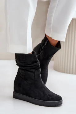 Boto Botki Na Koturnie|Botki Płaskie*Botki Z Marszczoną Cholewka Na Ukrytym Koturnie Czarne Zinradea