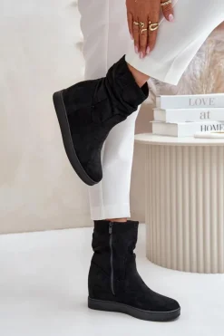 Boto Botki Na Koturnie|Botki Płaskie*Botki Z Marszczoną Cholewka Na Ukrytym Koturnie Czarne Zinradea