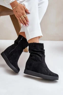 Boto Botki Na Koturnie|Botki Płaskie*Botki Z Marszczoną Cholewka Na Ukrytym Koturnie Czarne Zinradea