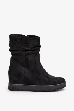 Boto Botki Na Koturnie|Botki Płaskie*Botki Z Marszczoną Cholewka Na Ukrytym Koturnie Czarne Zinradea