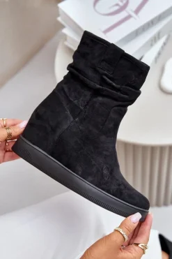 Boto Botki Na Koturnie|Botki Płaskie*Botki Z Marszczoną Cholewka Na Ukrytym Koturnie Czarne Zinradea