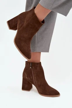 Damskie Zazoo Botki Z Naturalnego Zamszu Obcas Słupek Ocieplane Brązowe 3128