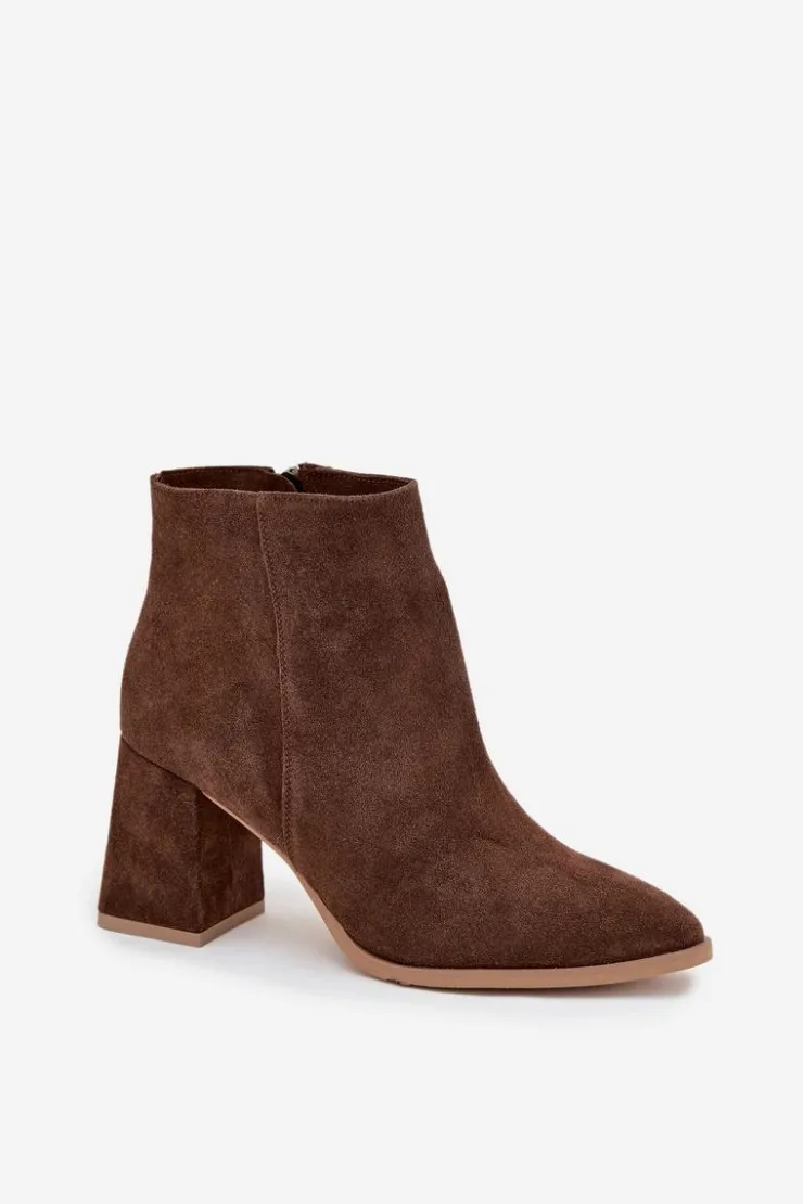 Damskie Zazoo Botki Z Naturalnego Zamszu Obcas Słupek Ocieplane Brązowe 3128