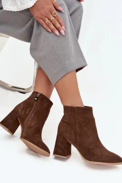 Damskie Zazoo Botki Z Naturalnego Zamszu Obcas Słupek Ocieplane Brązowe 3128