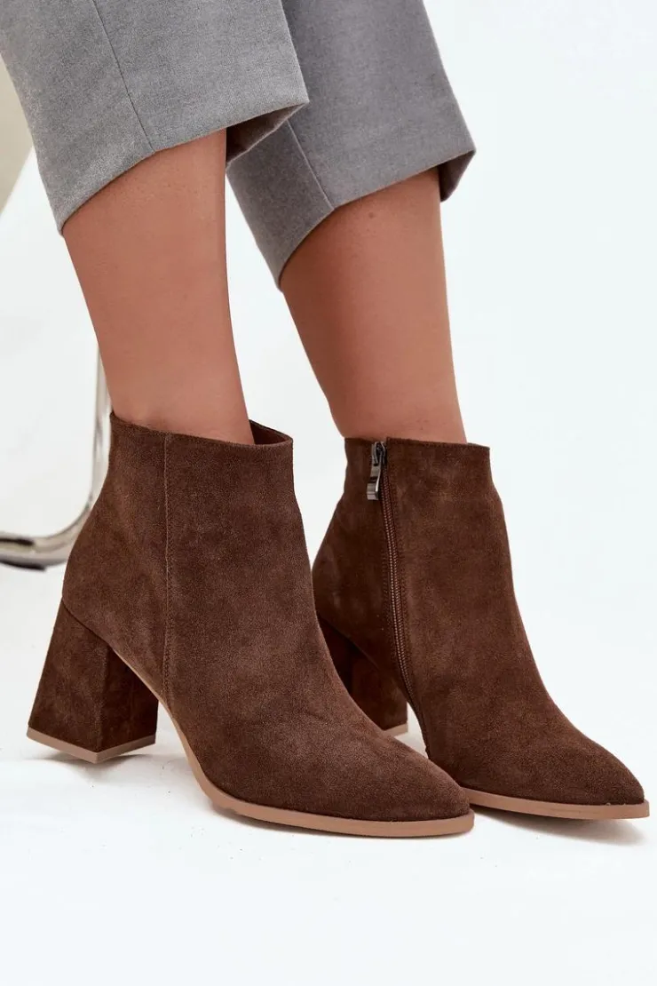 Damskie Zazoo Botki Z Naturalnego Zamszu Obcas Słupek Ocieplane Brązowe 3128