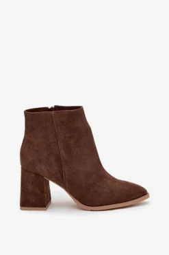 Damskie Zazoo Botki Z Naturalnego Zamszu Obcas Słupek Ocieplane Brązowe 3128