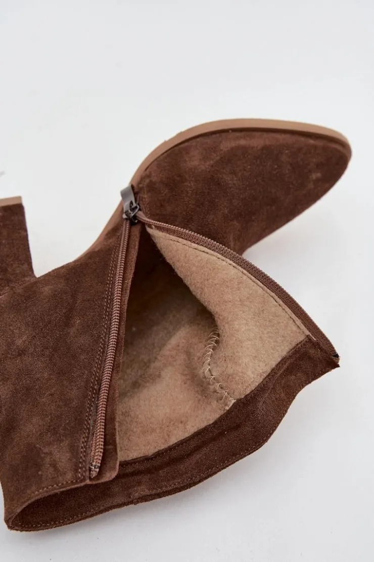 Damskie Zazoo Botki Z Naturalnego Zamszu Obcas Słupek Ocieplane Brązowe 3128