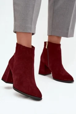 Zazoo Botki Skórzane|Botki Na Słupku*Botki Z Naturalnego Zamszu Obcas Słupek Ocieplane Bordowe 3128 Czerwony