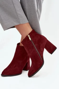 Zazoo Botki Skórzane|Botki Na Słupku*Botki Z Naturalnego Zamszu Obcas Słupek Ocieplane Bordowe 3128 Czerwony