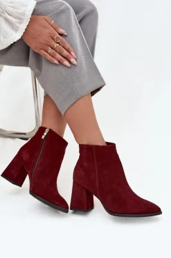 Zazoo Botki Skórzane|Botki Na Słupku*Botki Z Naturalnego Zamszu Obcas Słupek Ocieplane Bordowe 3128 Czerwony