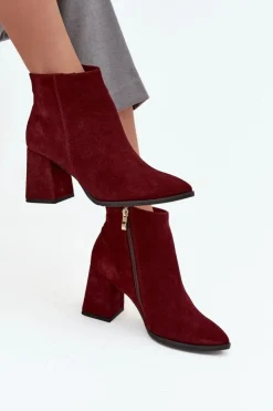 Zazoo Botki Skórzane|Botki Na Słupku*Botki Z Naturalnego Zamszu Obcas Słupek Ocieplane Bordowe 3128 Czerwony