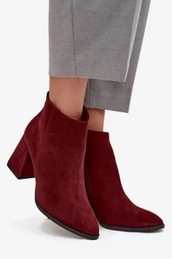 Zazoo Botki Skórzane|Botki Na Słupku*Botki Z Naturalnego Zamszu Obcas Słupek Ocieplane Bordowe 3128 Czerwony