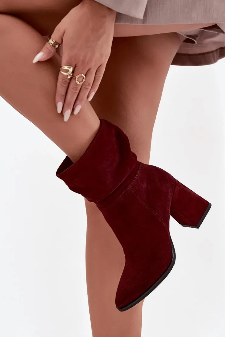 Sale Zazoo Botki Z Naturalnego Zamszu Ocieplane Na Słupku Z Marszczeniem 4216 Bordowe Czerwony