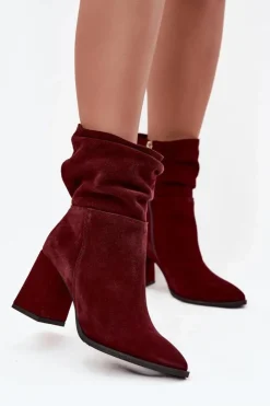 Sale Zazoo Botki Z Naturalnego Zamszu Ocieplane Na Słupku Z Marszczeniem 4216 Bordowe Czerwony