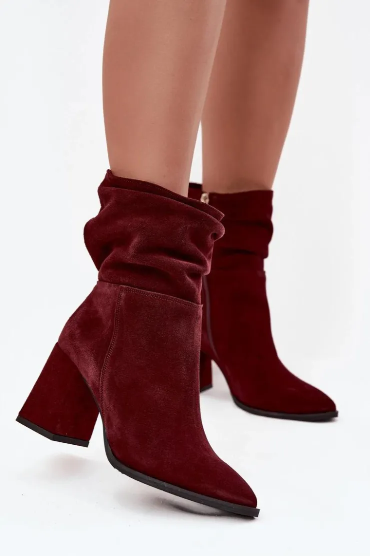 Sale Zazoo Botki Z Naturalnego Zamszu Ocieplane Na Słupku Z Marszczeniem 4216 Bordowe Czerwony