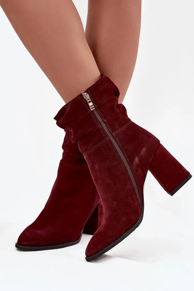 Sale Zazoo Botki Z Naturalnego Zamszu Ocieplane Na Słupku Z Marszczeniem 4216 Bordowe Czerwony