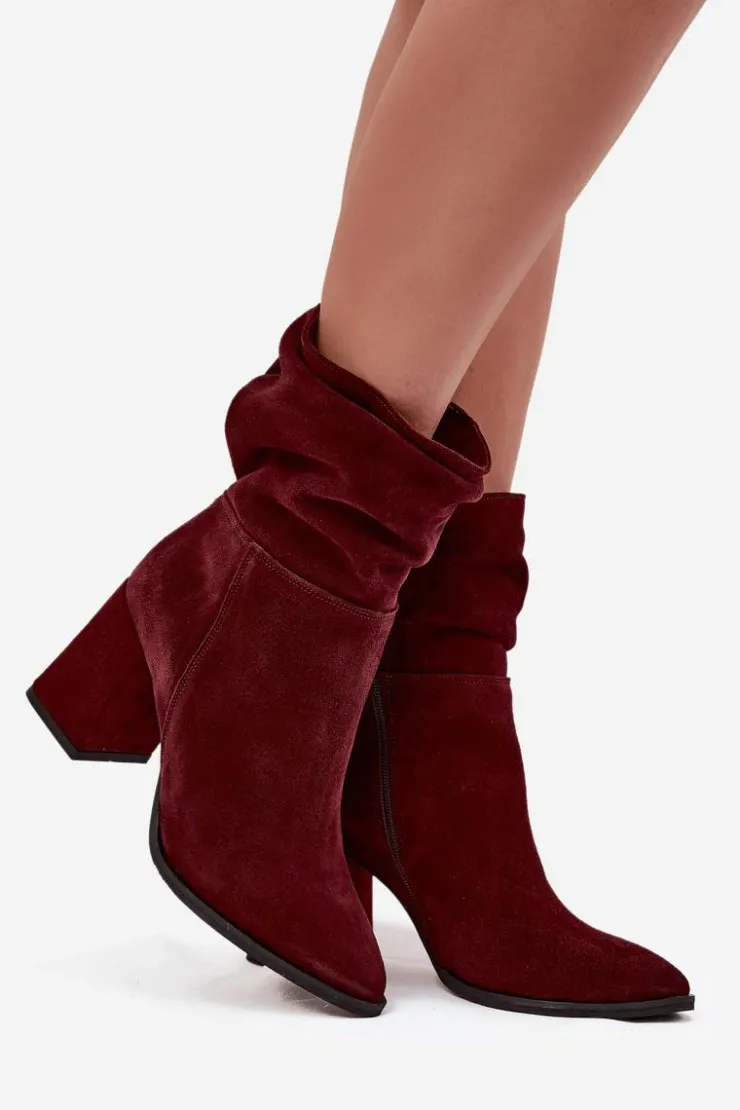Sale Zazoo Botki Z Naturalnego Zamszu Ocieplane Na Słupku Z Marszczeniem 4216 Bordowe Czerwony