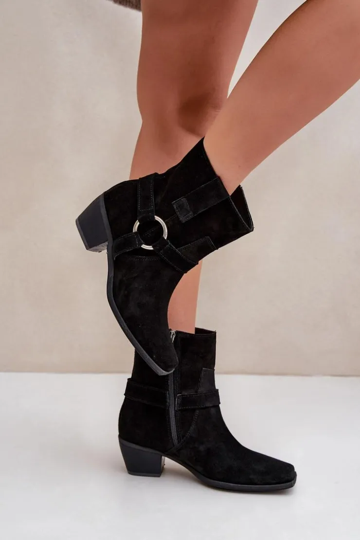 Best Zazoo Botki Z Naturalnego Zamszu Na Obcasie 3444/2 Czarne Czarny