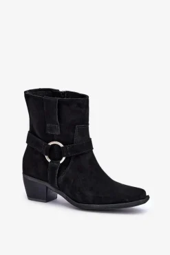 Best Zazoo Botki Z Naturalnego Zamszu Na Obcasie 3444/2 Czarne Czarny
